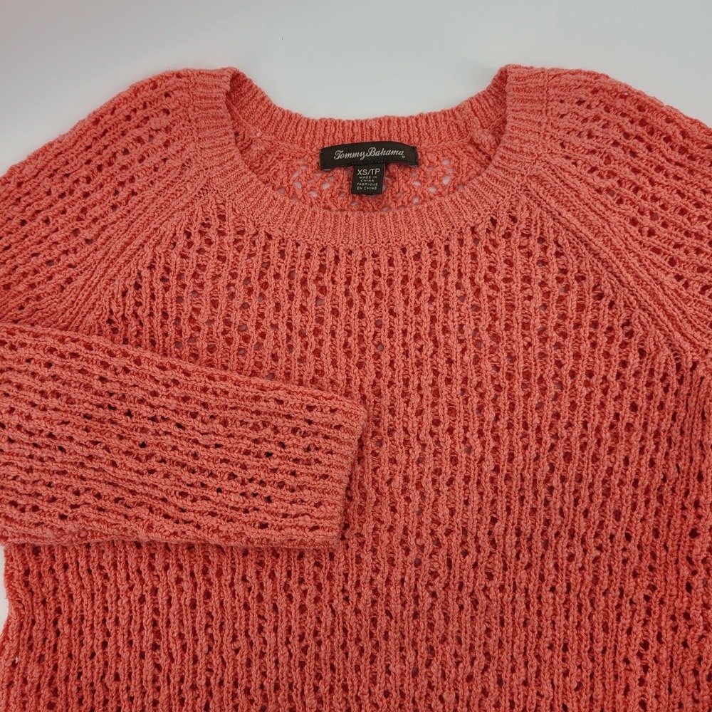Tommy Bahama Womens XS Coral Pink‎ Open Knit Crochet Raglan Beachy Sweater